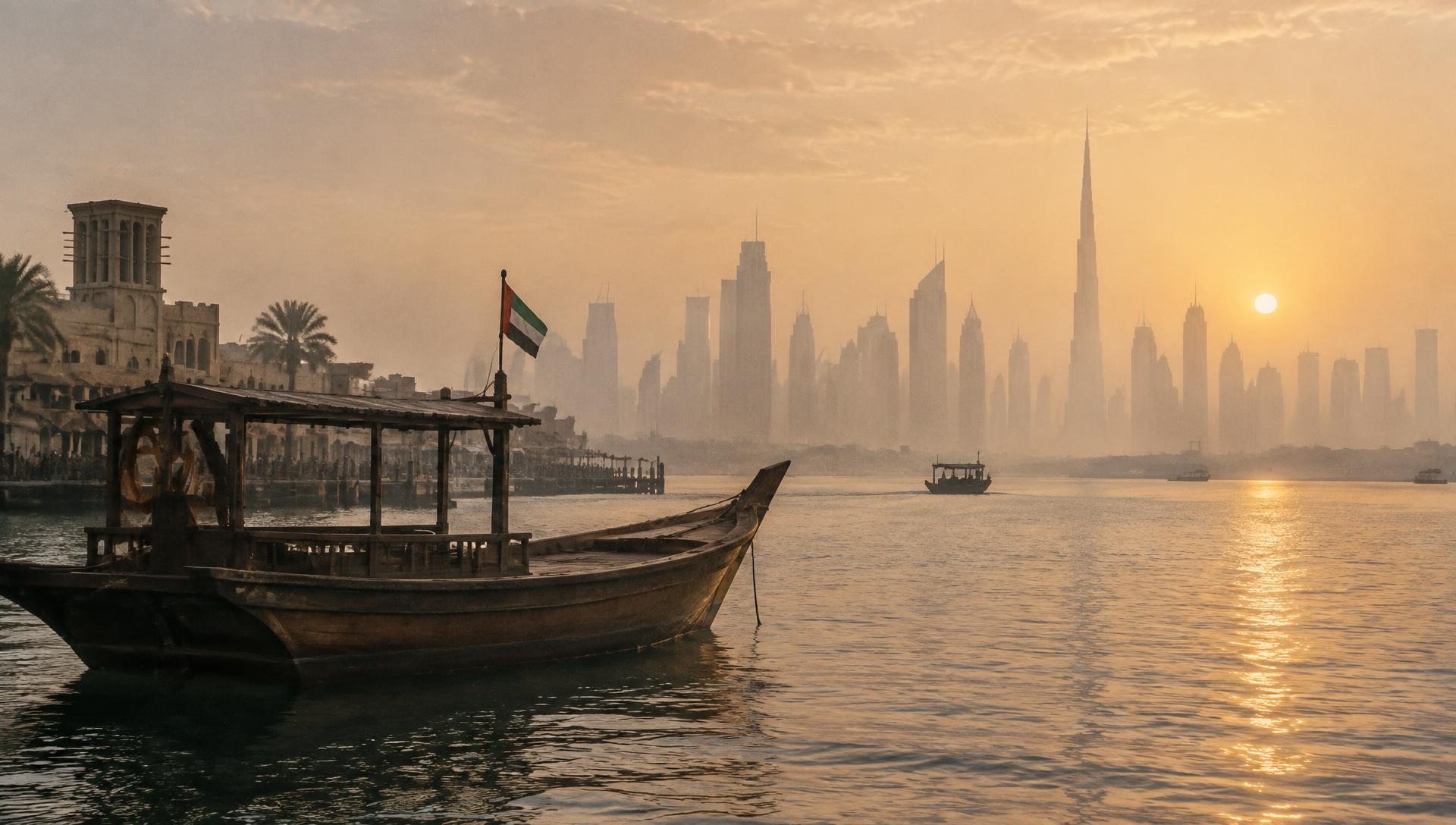 Dubai Creek at dawn with a traditional dhow